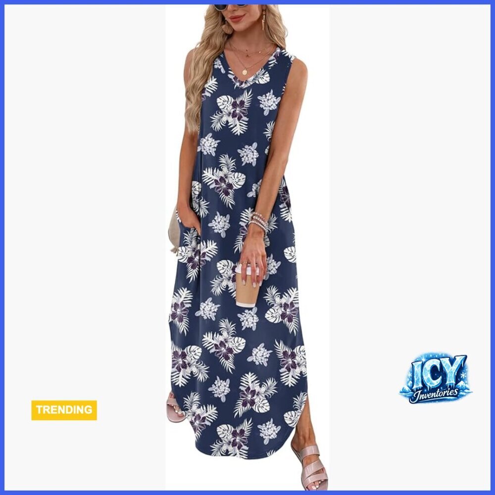 V-Neck Maxi Dress with Pockets, Sleeveless Split Long Casual Sundress